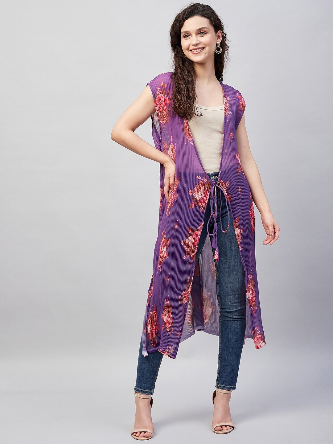 

InWeave Women Floral Printed Longline Tie-Up Shrug, Purple