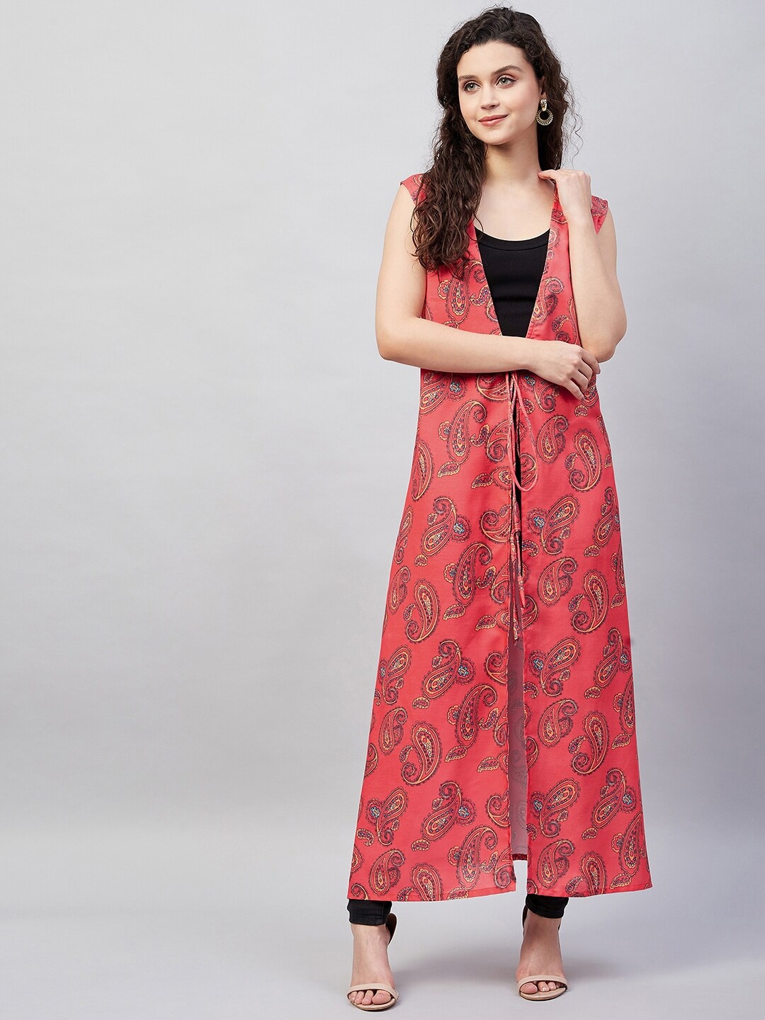 

InWeave Women Printed Longline Tie-Up Shrug, Red