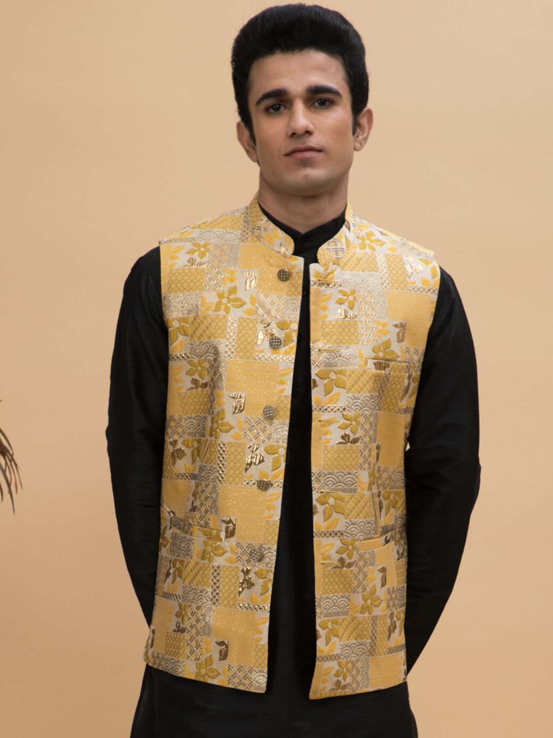 

NEUDIS Jacquard Weave Nehru Jacket, Yellow