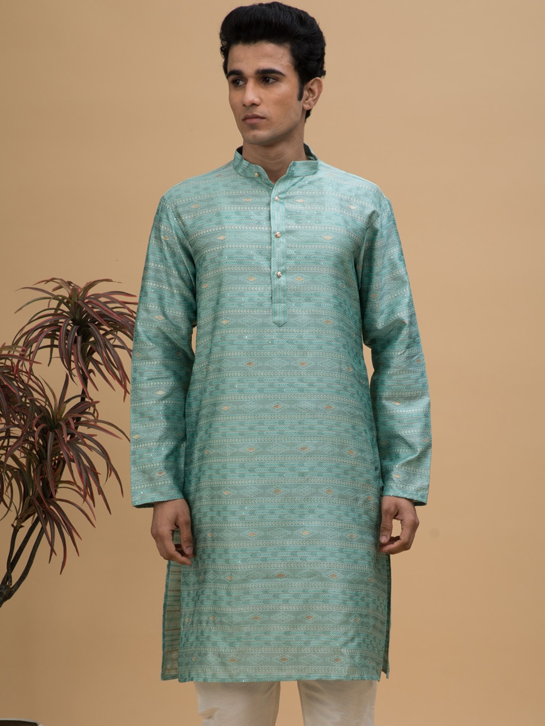 

NEUDIS Mandarin Collar Woven Design Sequinned Jacquard Kurta, Blue