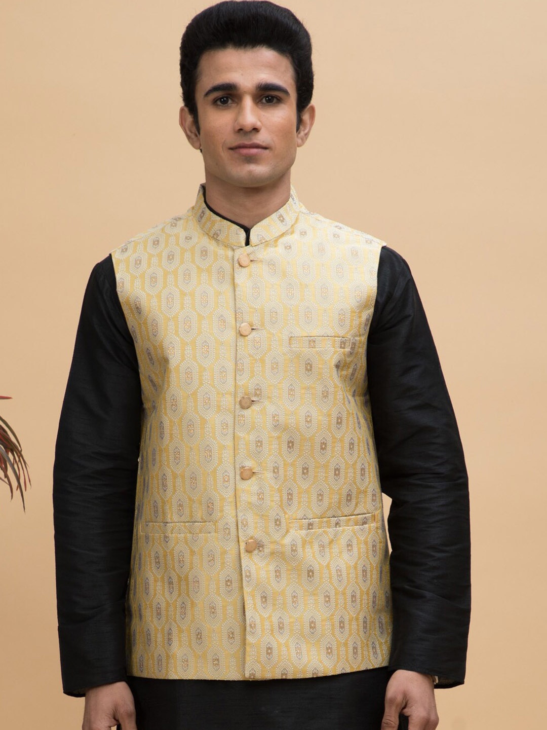 

NEUDIS Men Woven Design Jacquard Nehru Jacket, Yellow