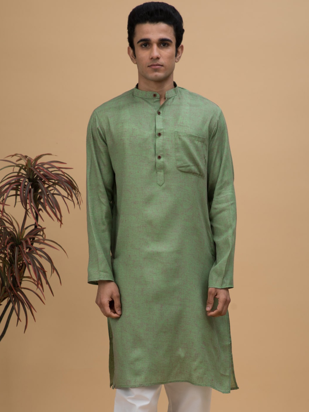 

NEUDIS Men Mandarin Collar Cotton Linen Straight Kurta, Green