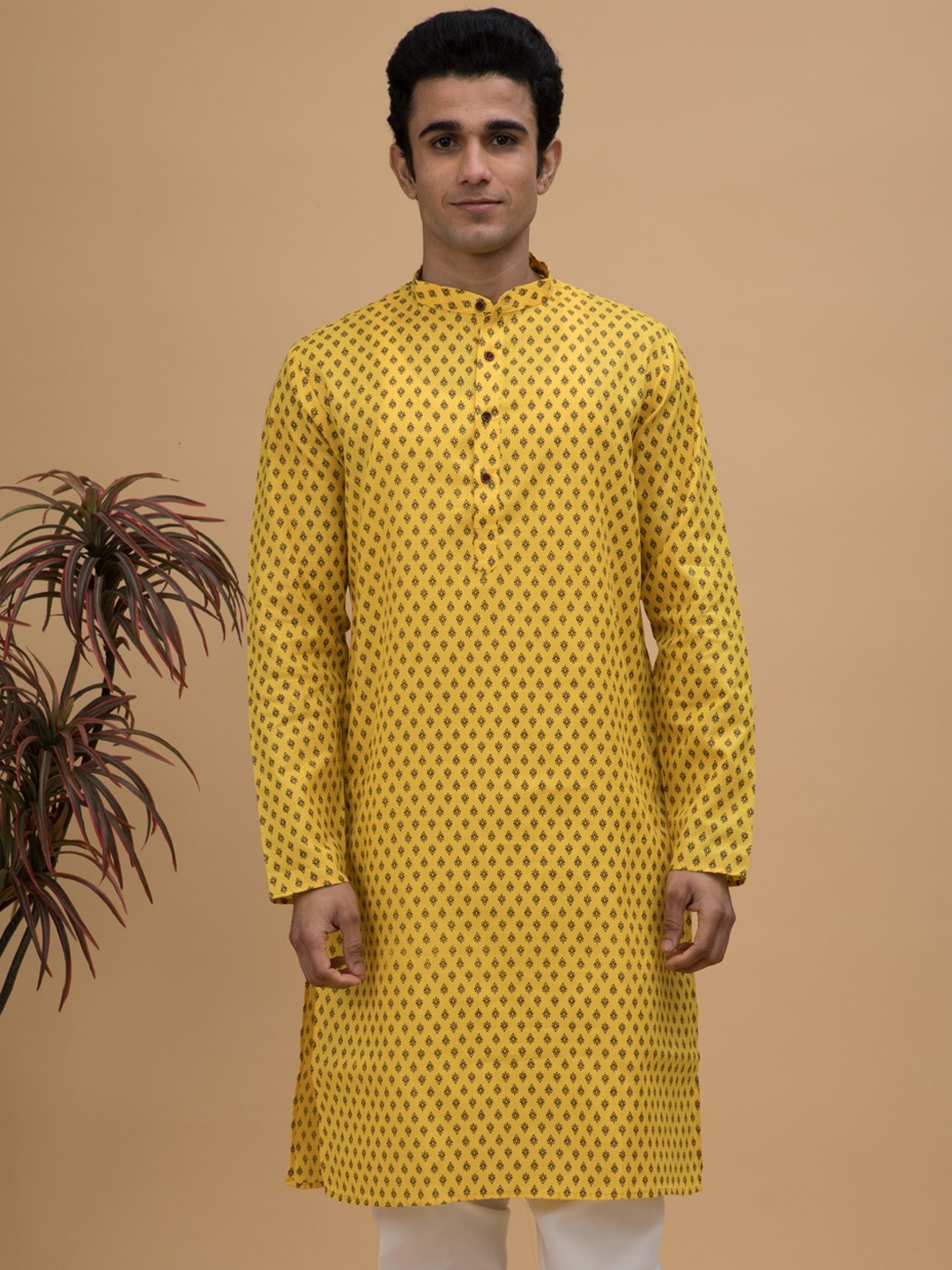 NEUDIS Band Collar Floral Printed Cotton Kurta, Yellow