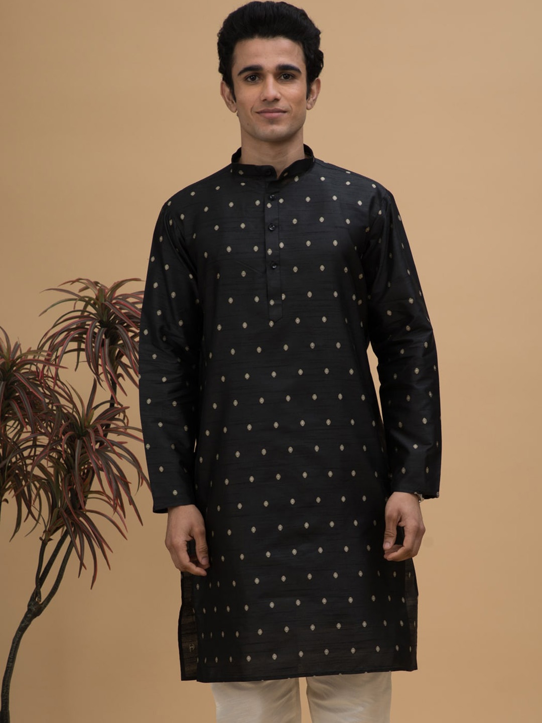 

NEUDIS Mandarin Collar Polka Dots Printed Jacquard Kurta, Black