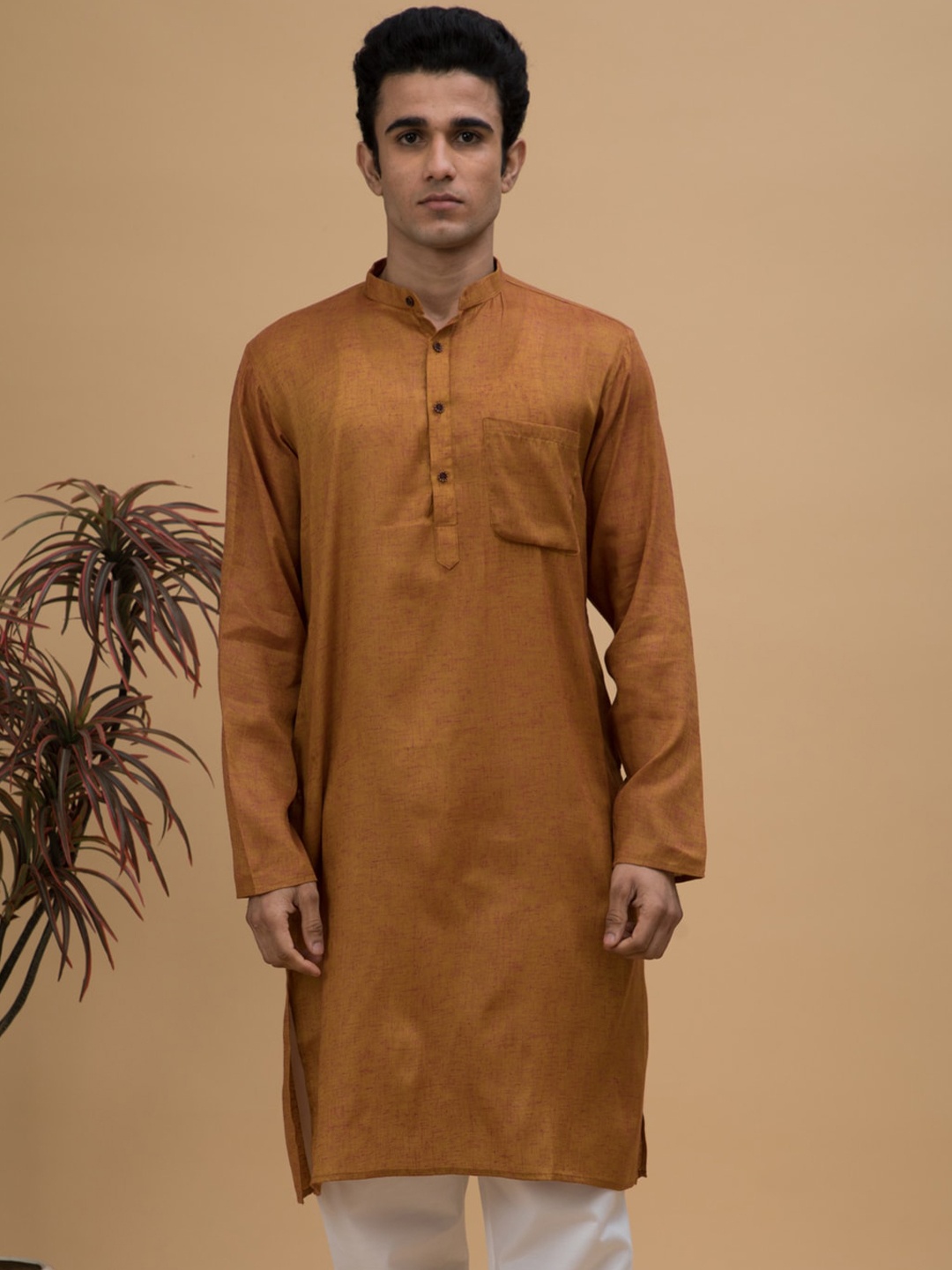 

NEUDIS Men Cotton Linen Long Sleeves Kurta, Tan