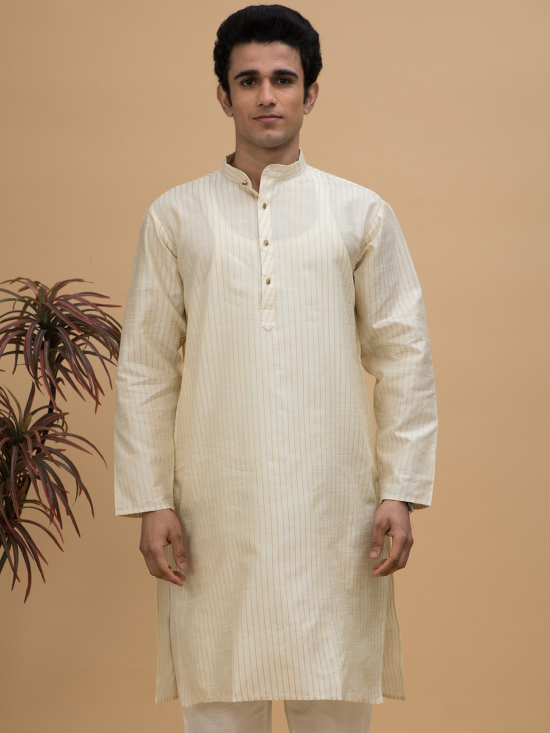 

NEUDIS Striped Mandarin Collar Long Sleeves Straight Kurta, Off white