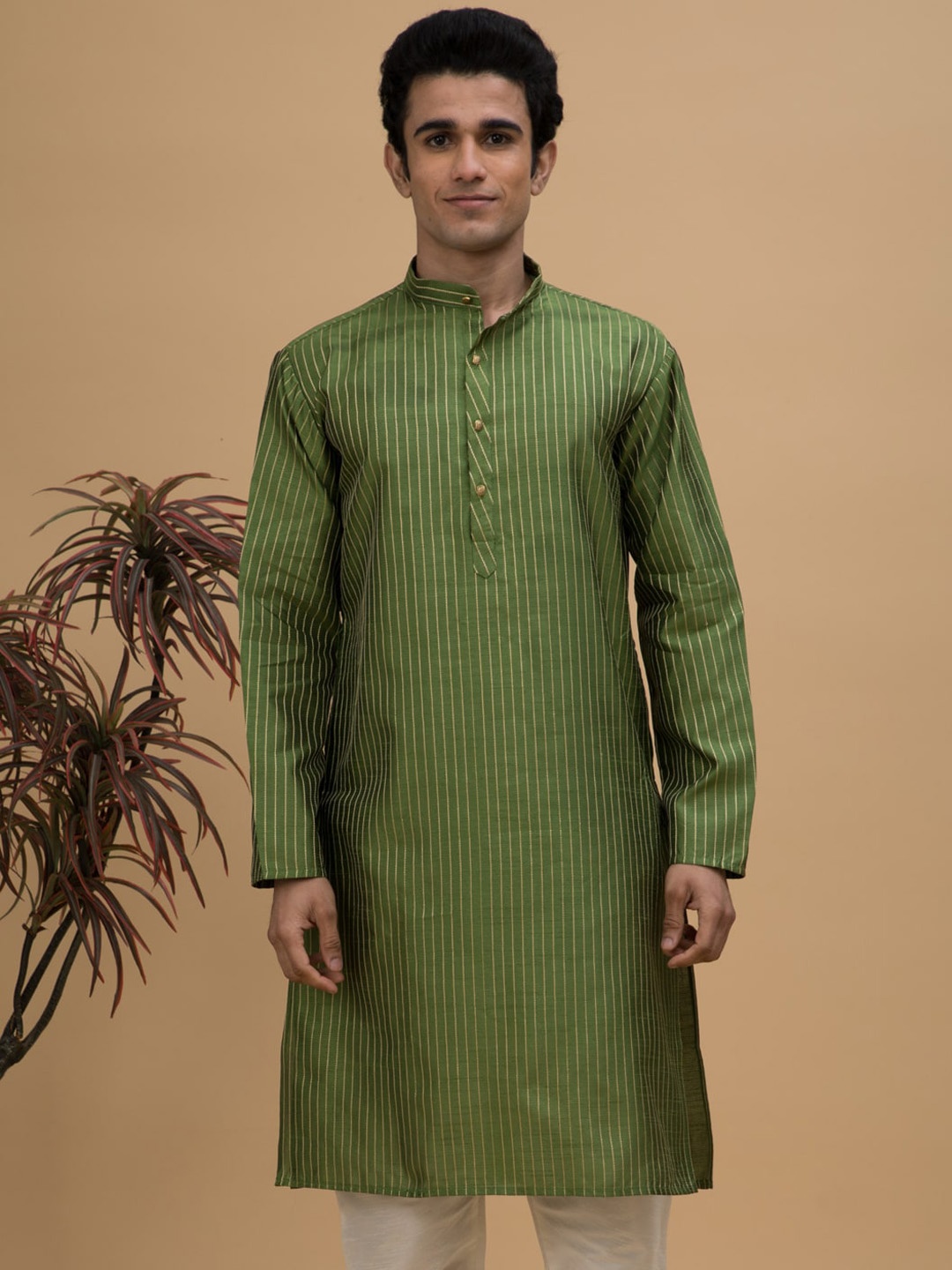 

NEUDIS Striped Mandarin Collar Long Sleeves Straight Kurta, Green