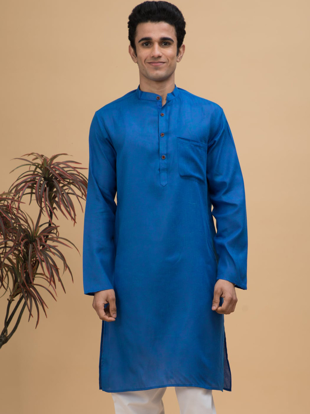 

NEUDIS Mandarin Collar Long Sleeves Straight Kurta, Blue