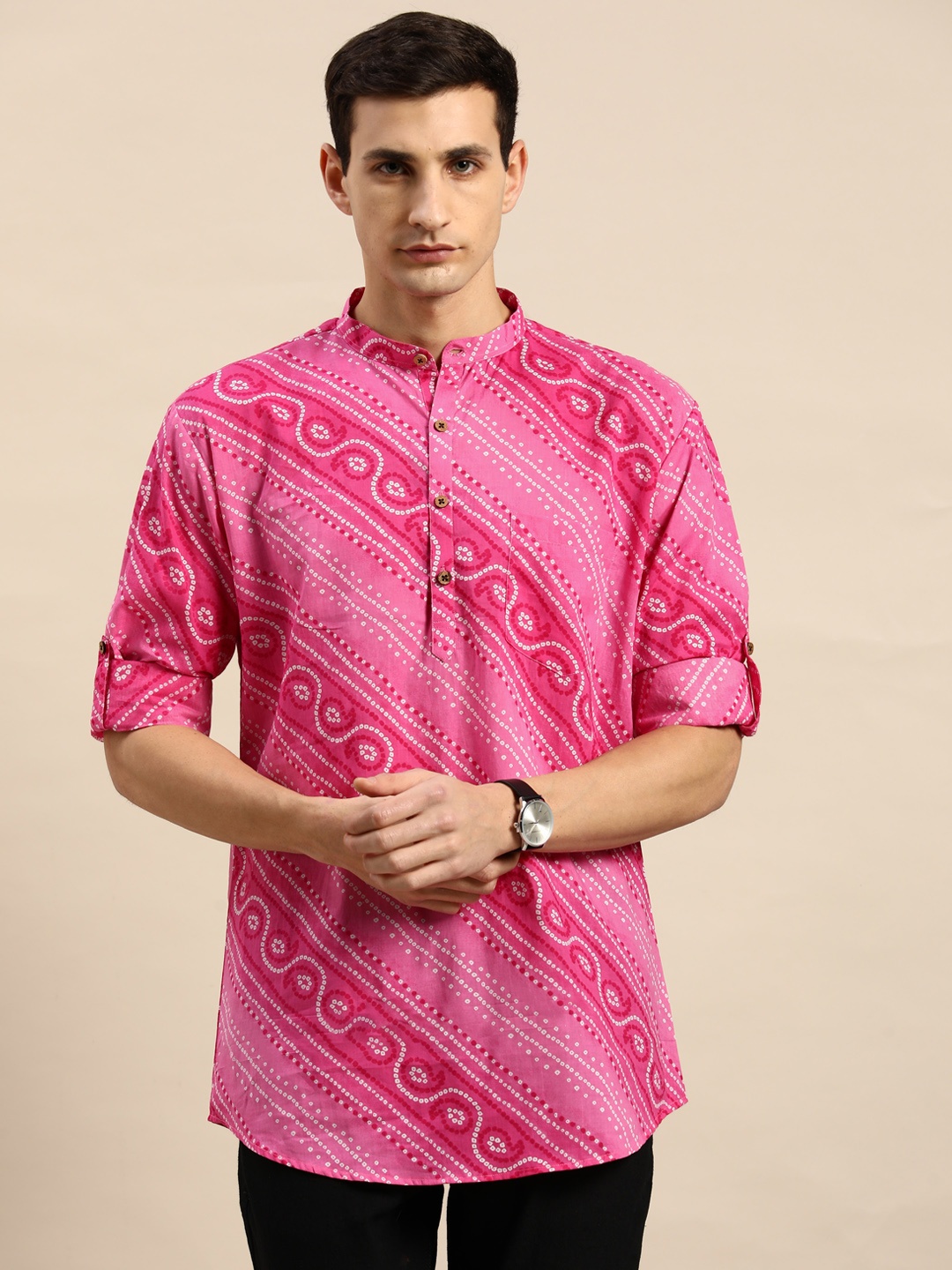 

RAJUBHAI HARGOVINDAS Bandhani Printed Indie Prints Pure Cotton Kurta, Pink