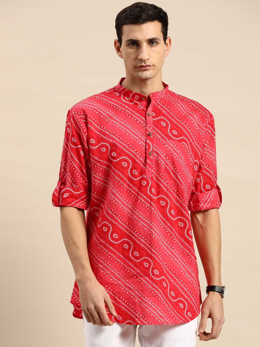 

RAJUBHAI HARGOVINDAS Bandhani Printed Indie Prints Pure Cotton Kurta, Red
