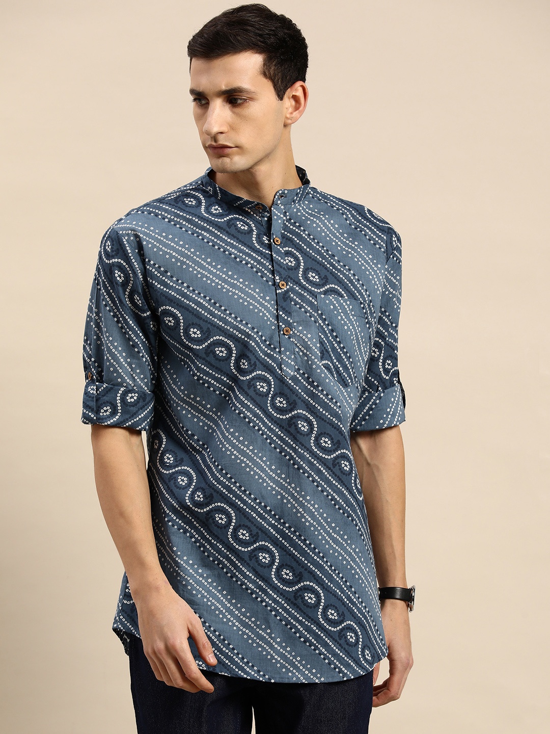 

RAJUBHAI HARGOVINDAS Bandhani Printed Indie Prints Pure Cotton Kurta, Navy blue