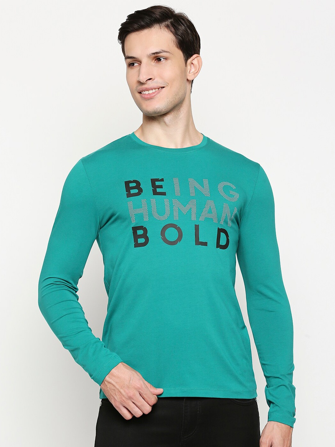 

Being Human Typography Printed Long Sleeve Pure Cotton T-shirt, Turquoise blue