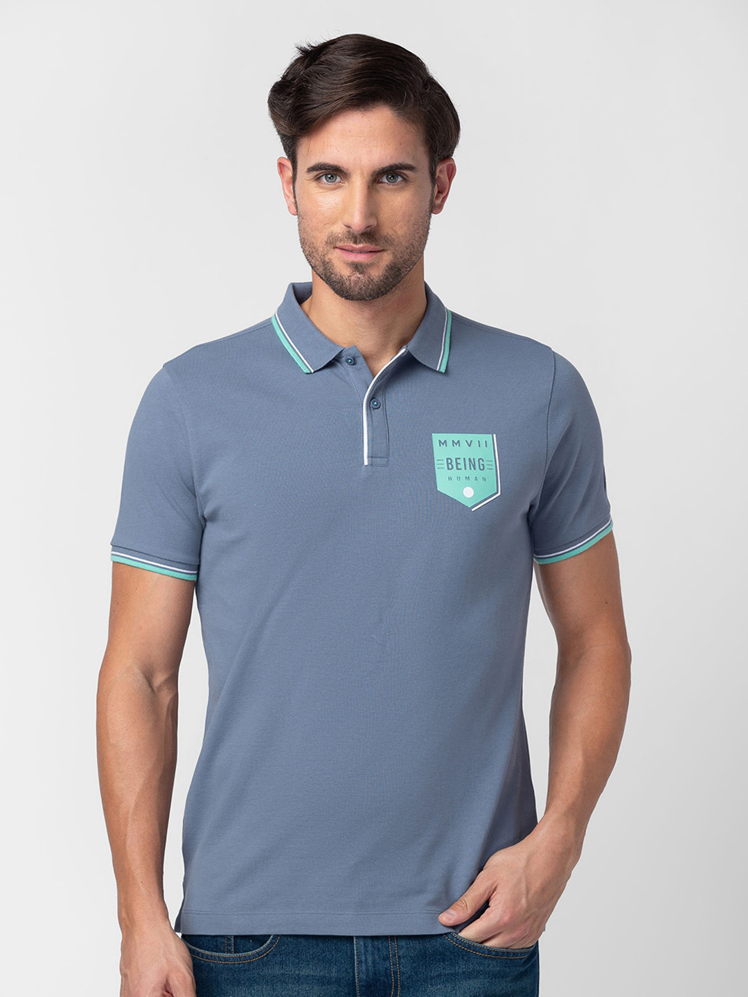 

Being Human Polo Collar Pure Cotton T-shirt, Blue