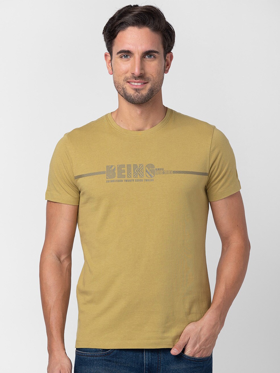 Being Human Typography Printed Pure Cotton Slim Fit T-shirt, Khaki