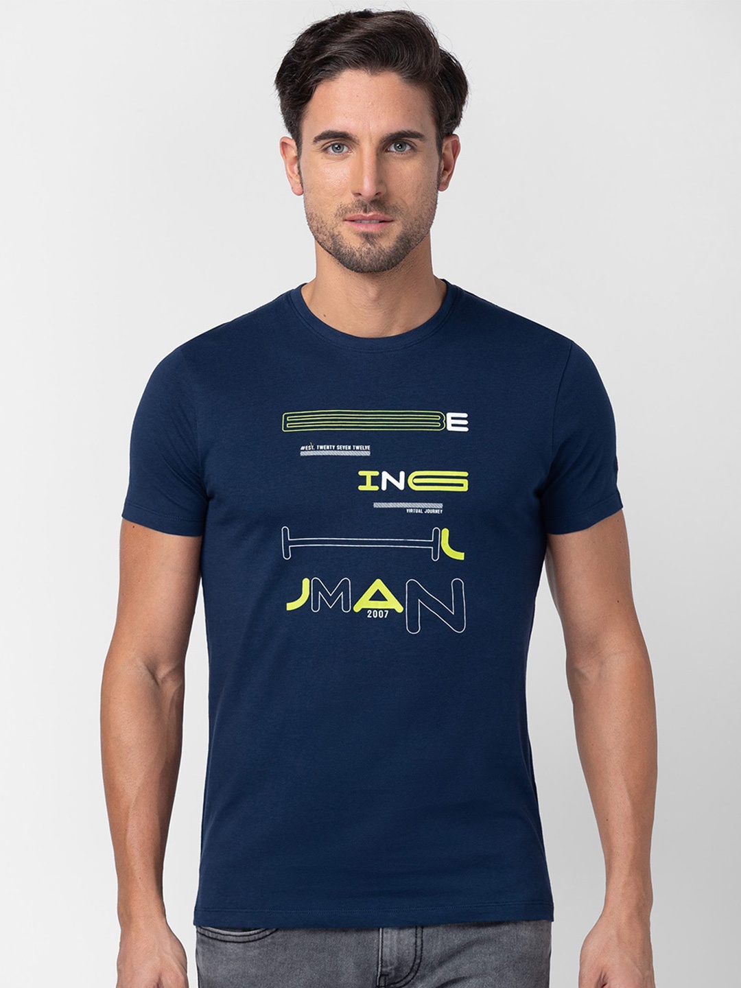 

Being Human Typography Printed Pure Cotton T-shirt, Navy blue