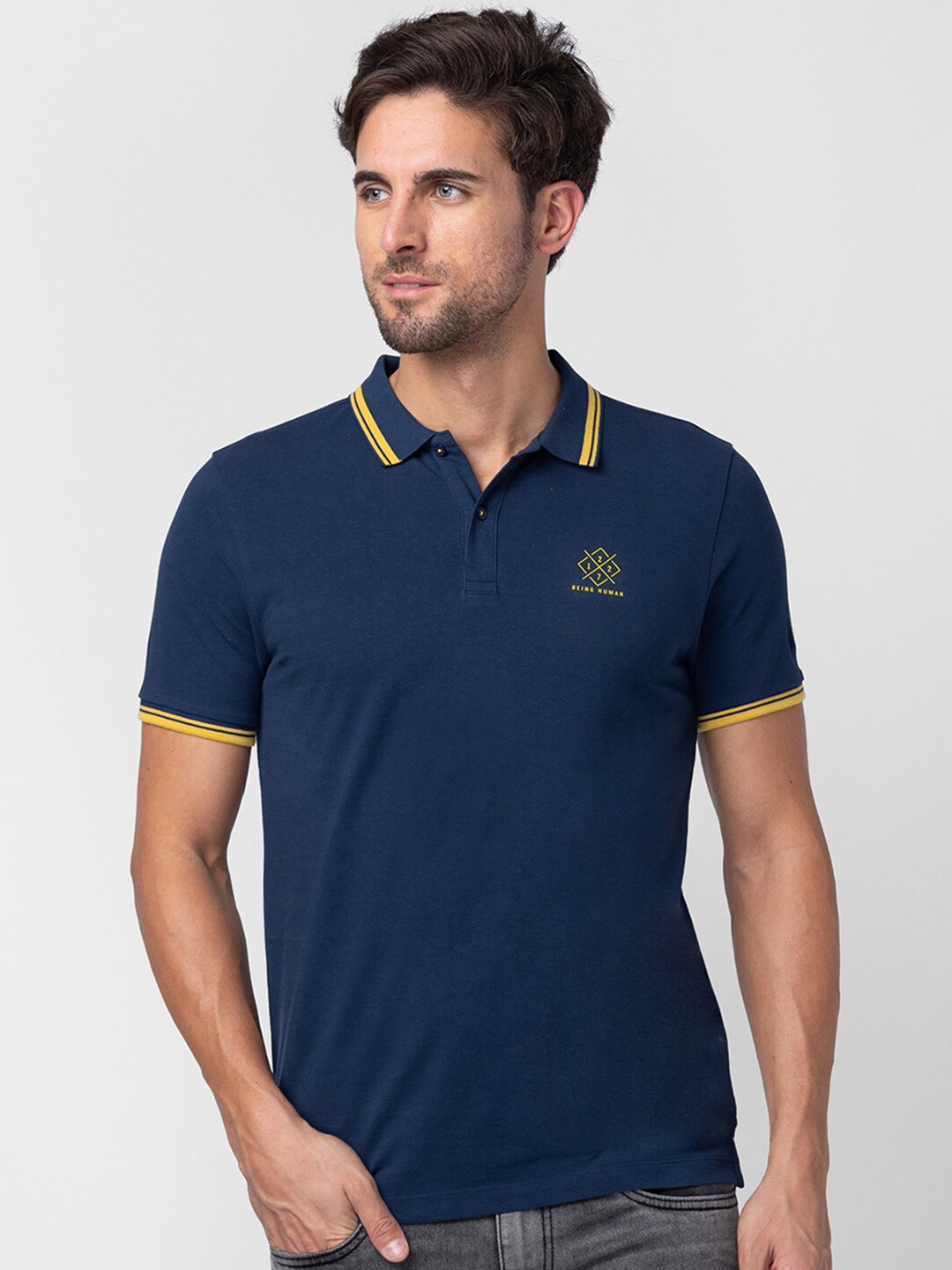 

Being Human Polo Collar Indigo Pure Cotton T-shirt, Navy blue