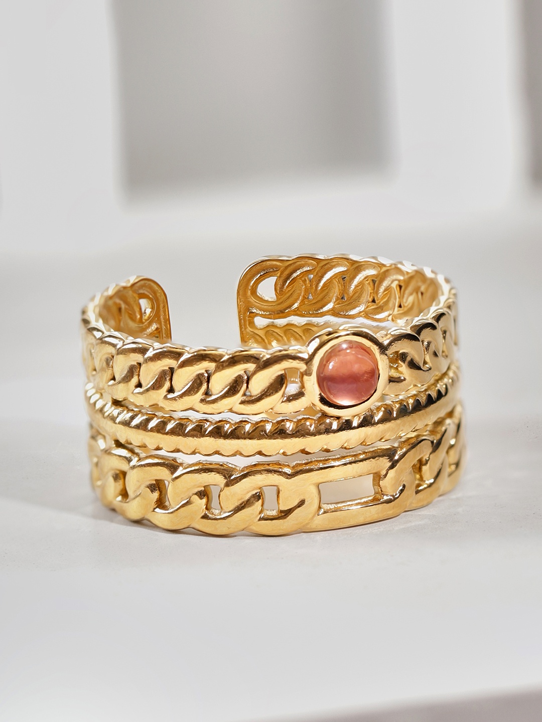 

Rubans Voguish 18K Gold-Plated & Stone-Studded Cuban Link Adjustable Finger Ring.