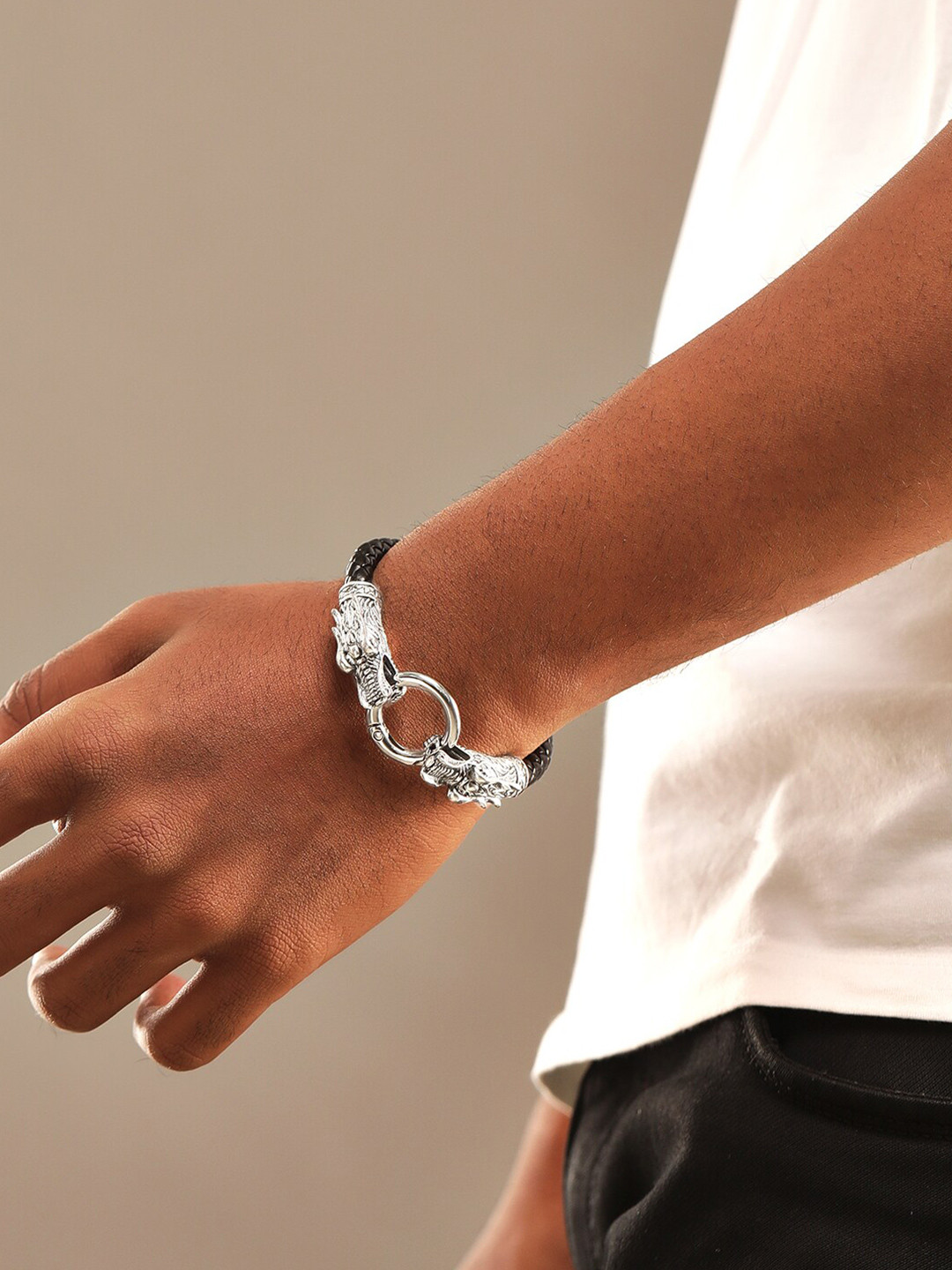 

Roadster Men Silver-Plated Dragon Design & Braided Leather Bracelet