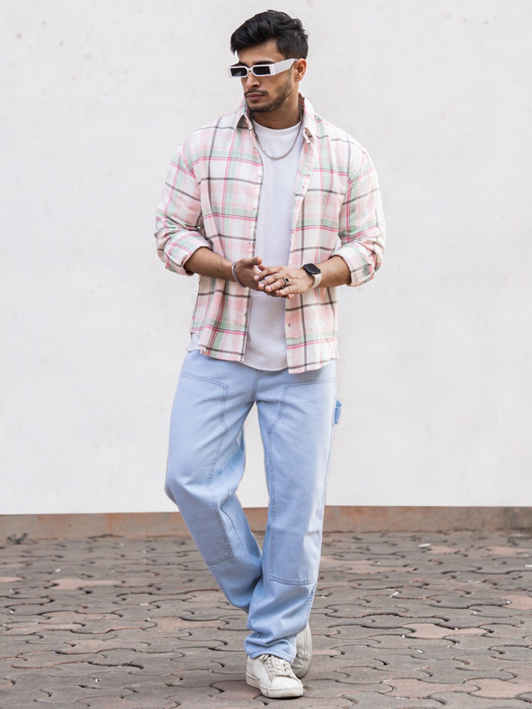 

Powerlook Men Boxy Tartan Checked Cotton Casual Shirt, Pink