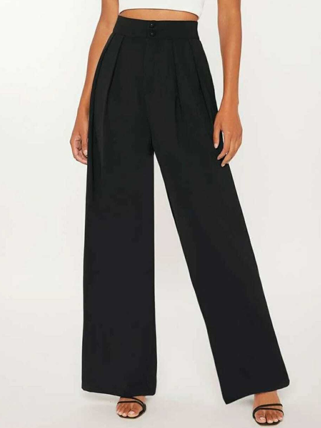 

BROADSTAR Women Pleated Relaxed Loose Fit High-Rise Easy Wash Parallel Trousers, Black