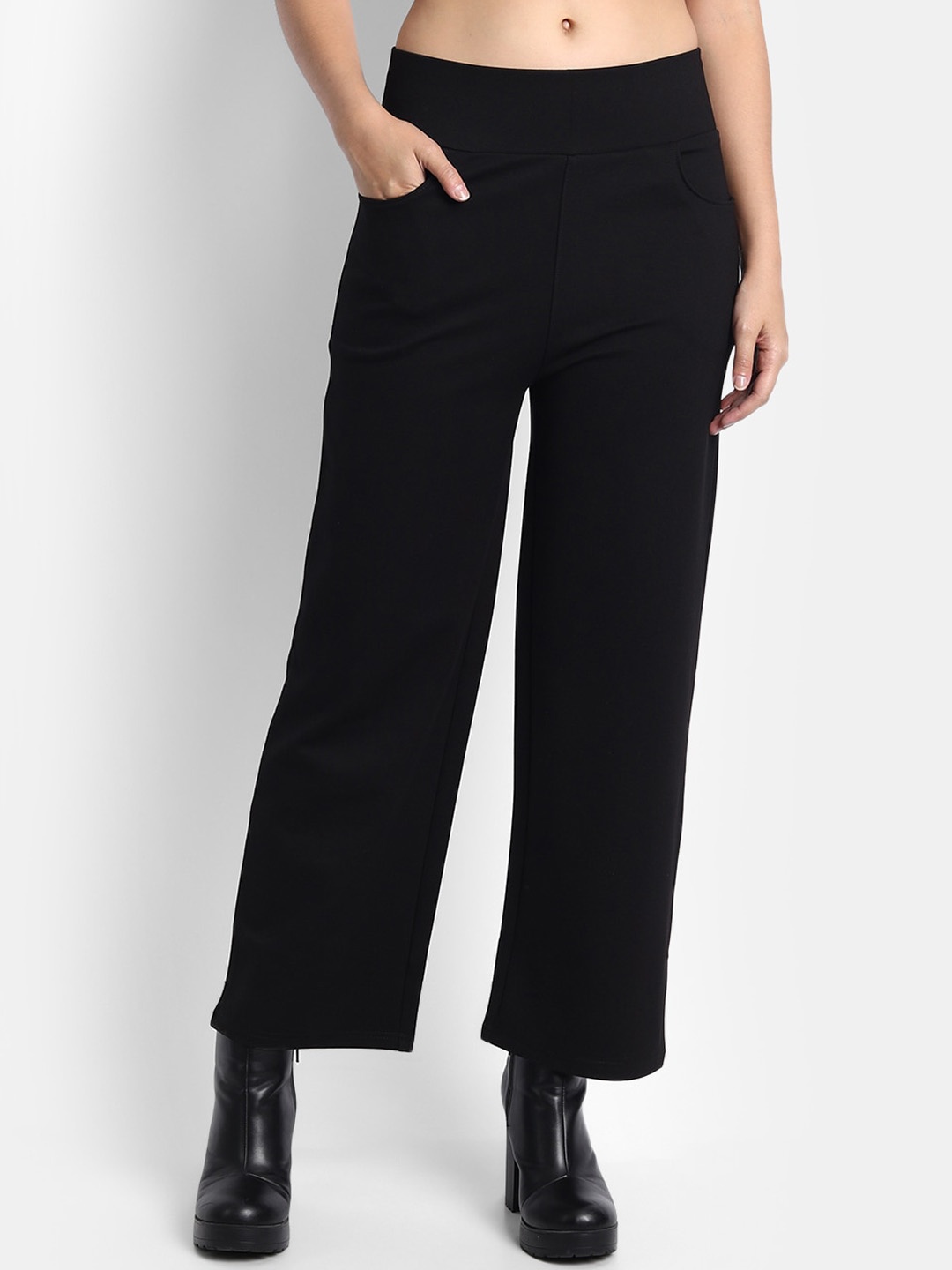 

BROADSTAR Women Relaxed Straight Fit High-Rise Easy Wash Trousers, Black