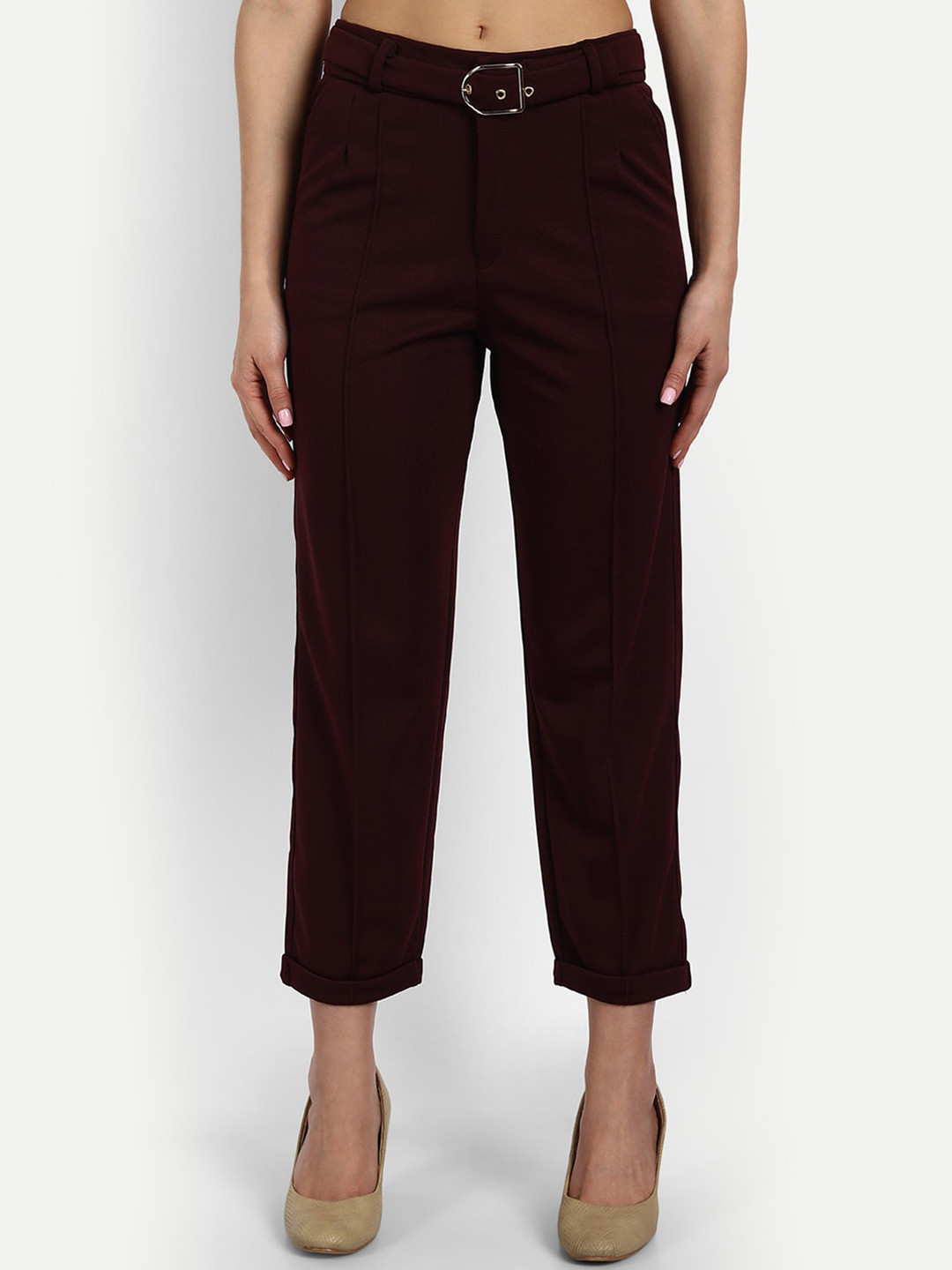 

BROADSTAR Relaxed Straight Leg Loose Fit High-Rise Trousers With Belt, Maroon