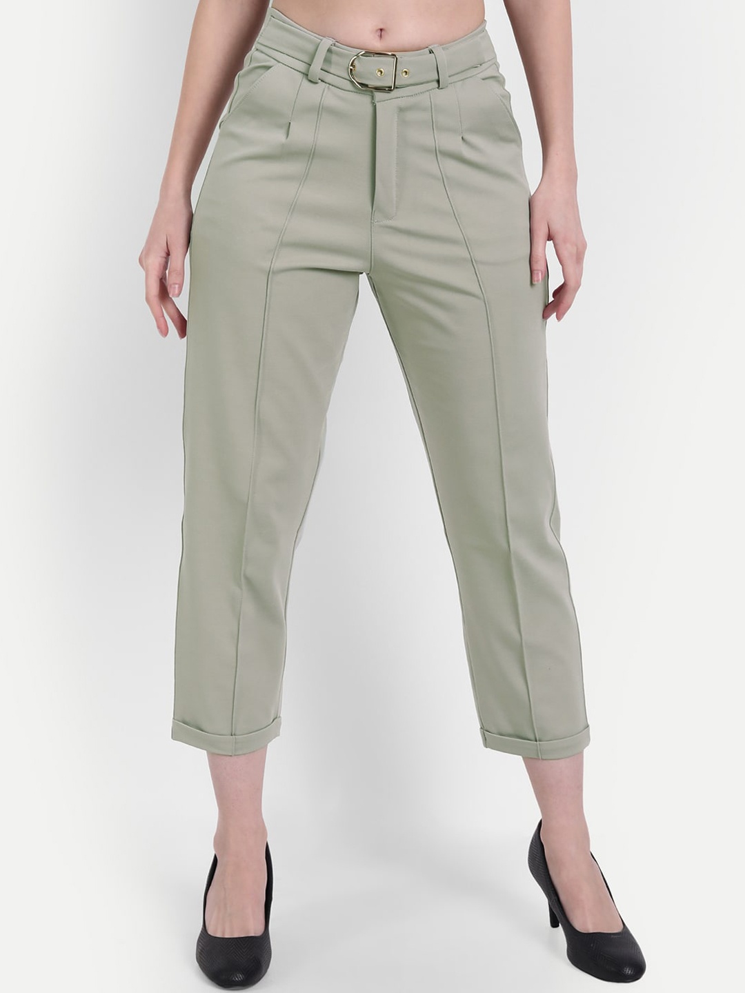 

BROADSTAR Women Relaxed Straight Leg Straight Fit High-Rise Easy Wash Trousers, Green