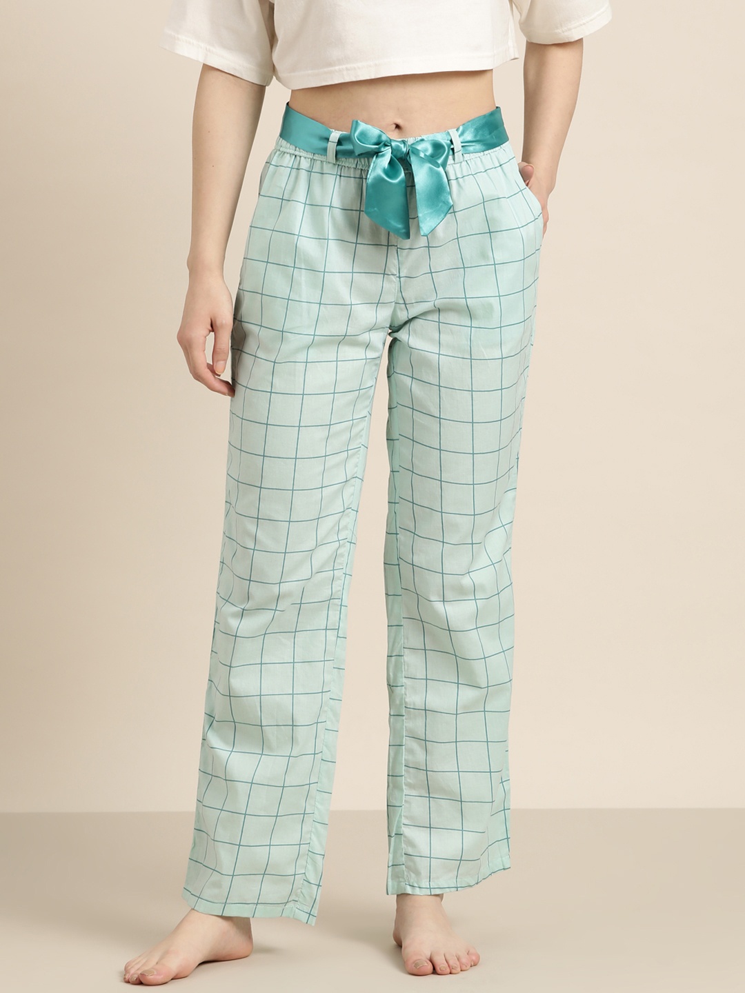 

Sweet Dreams Women Checked Pure Cotton Straight Lounge Pants, Green
