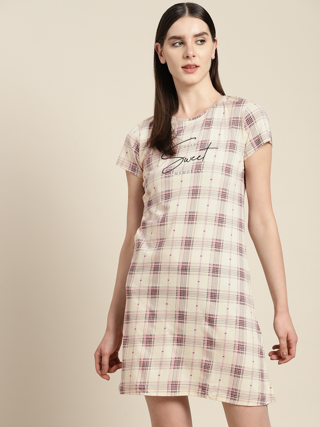 

Sweet Dreams Pure Cotton Checked Mini T-shirt Nightdress, Cream