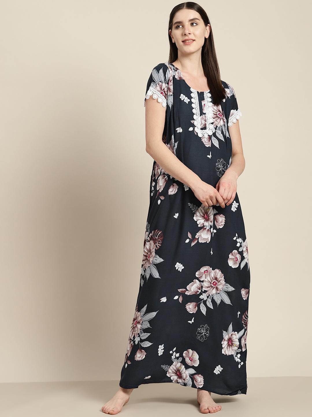 

Sweet Dreams Lace Detail Printed Maxi Nightdress, Navy blue