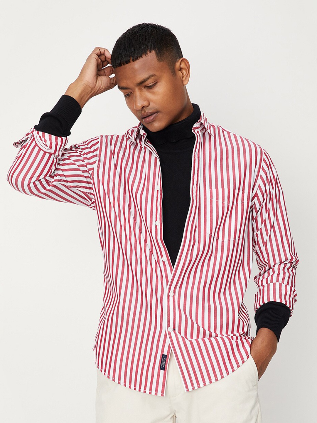 

max Men Striped Cotton Casual Regular Fit Shirt, Pink