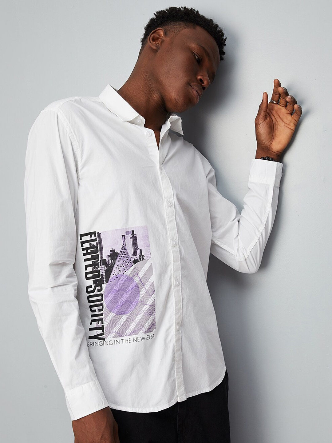 

max Men Graphic Printed Spread Collar Cotton Casual Shirt, White