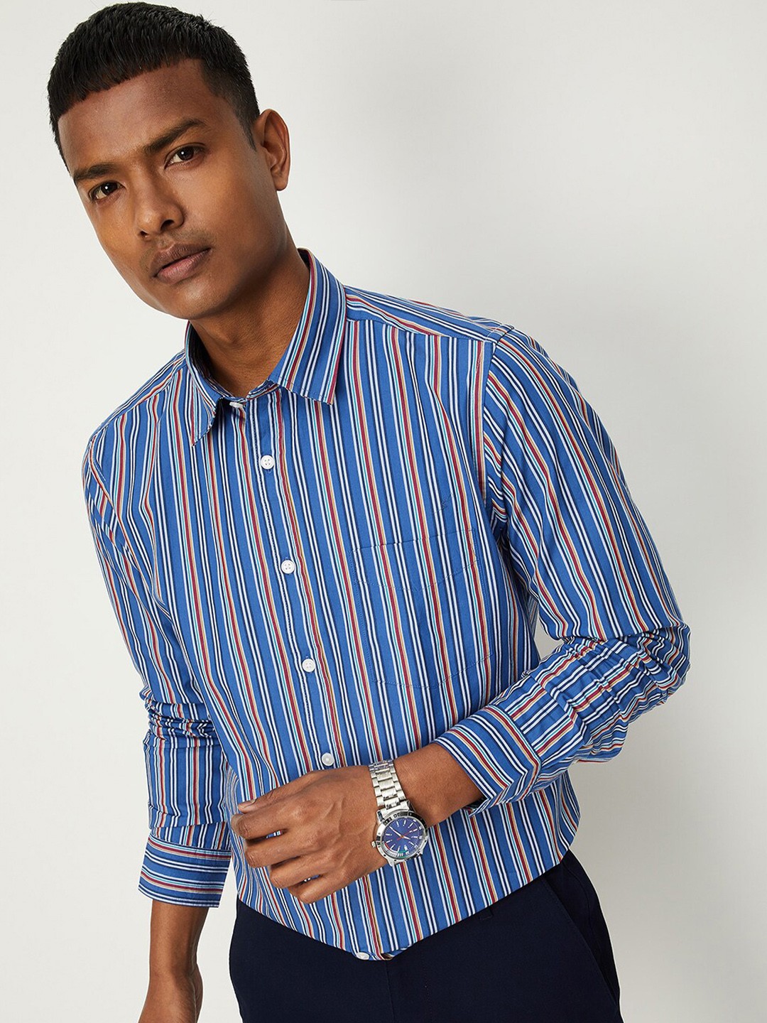 

max Men Vertical Striped Cotton Regular Fit Casual Shirt, Blue