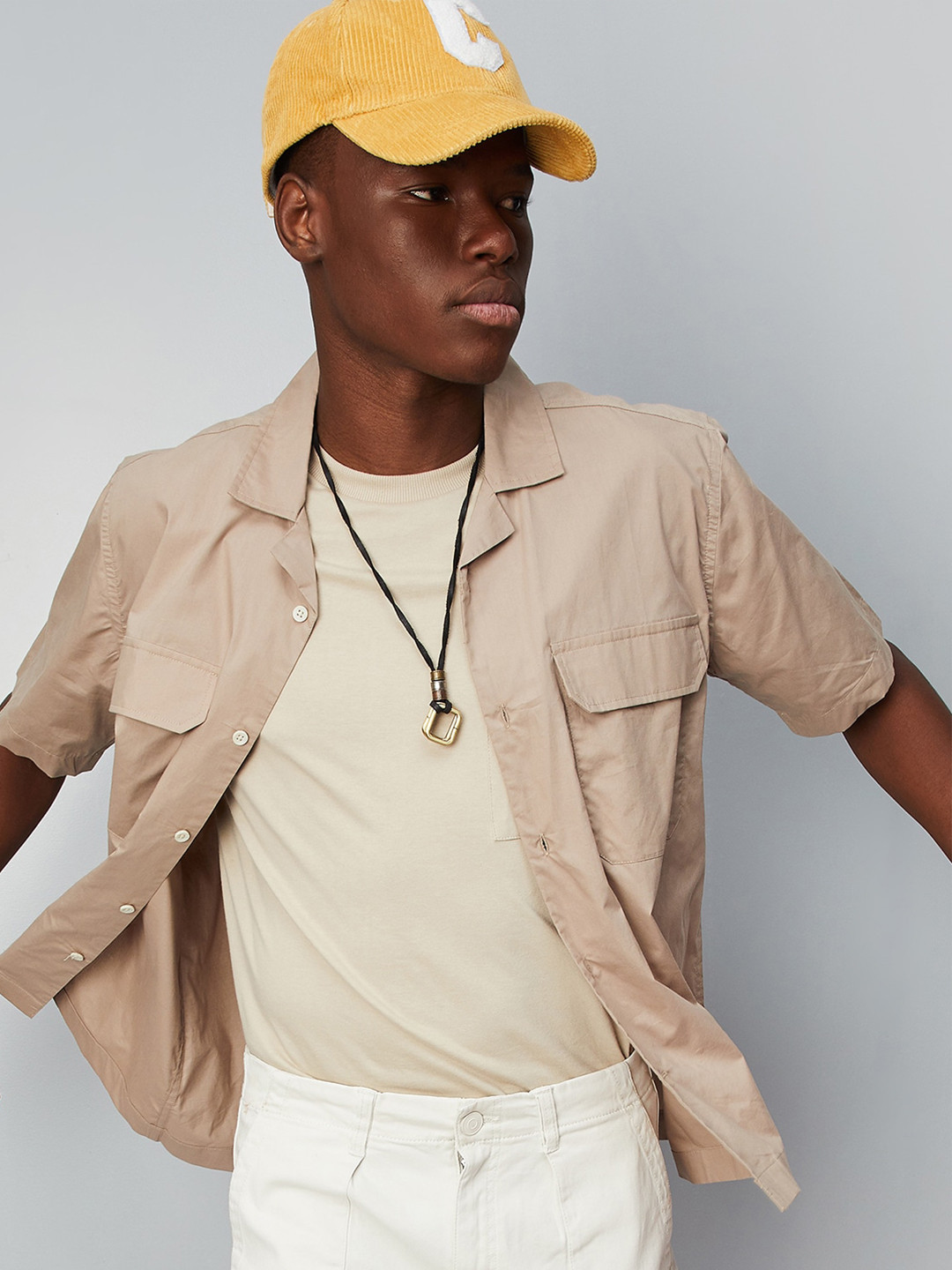 

max Men Short Sleeves Cotton Regular Fit Casual Shirt, Beige