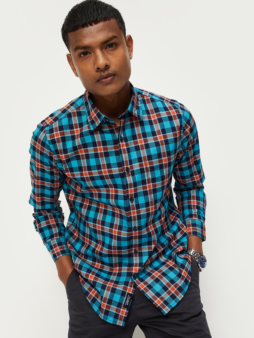 

max Men Tartan Checked Spread Collar Cotton Casual Shirt, Blue