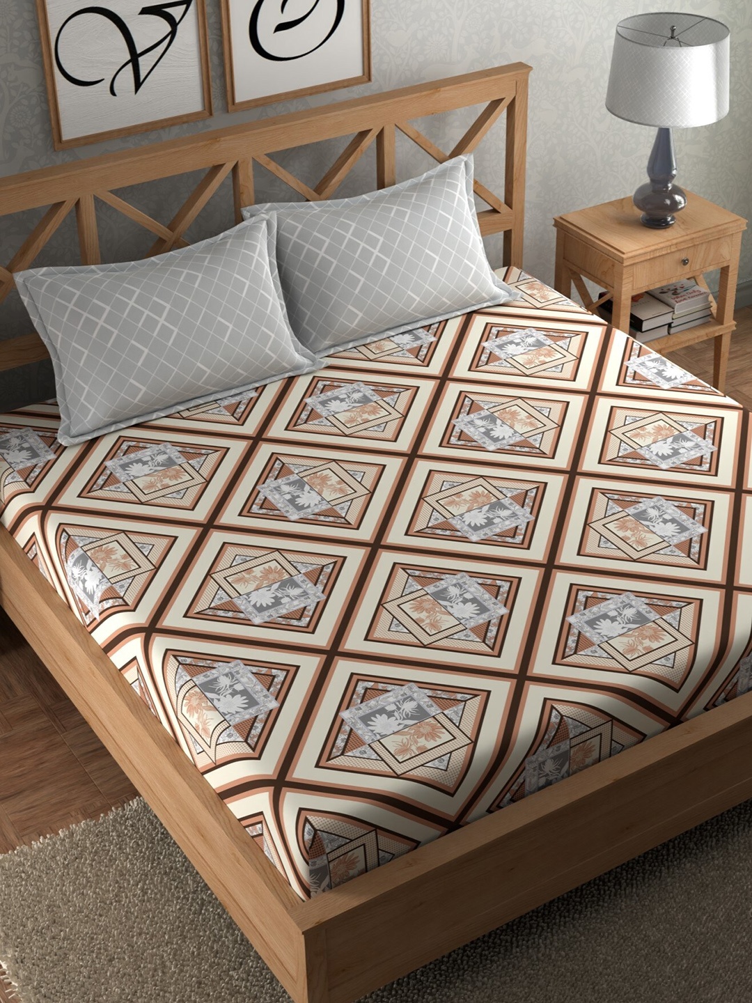 

CHHAVI INDIA Beige & Brown Geometric 210 TC Flat King Bedsheet With 2 Pillow Covers