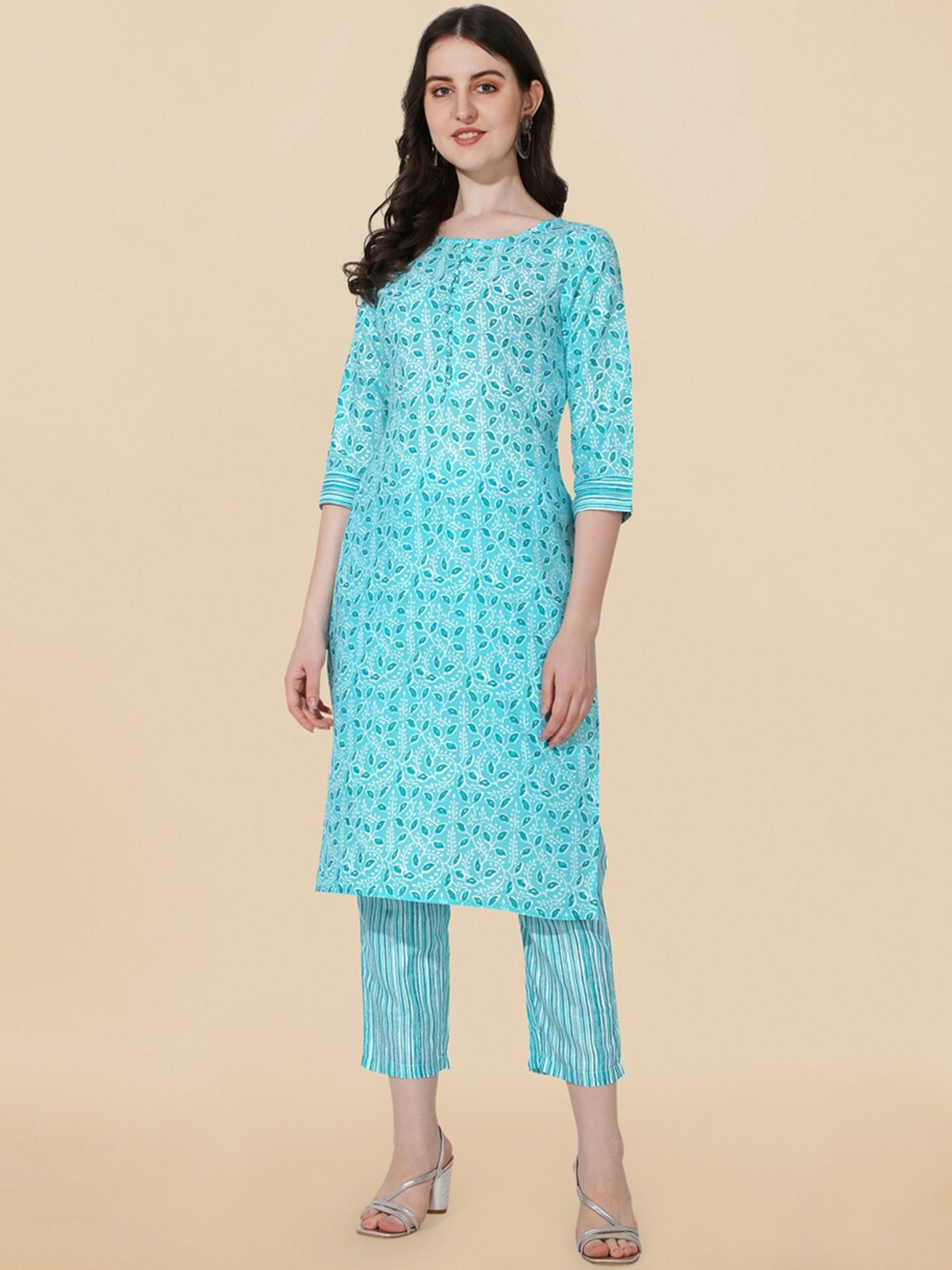 

KALINI Ethnic Motifs Printed Round Neck Kurta with Trousers, Turquoise blue