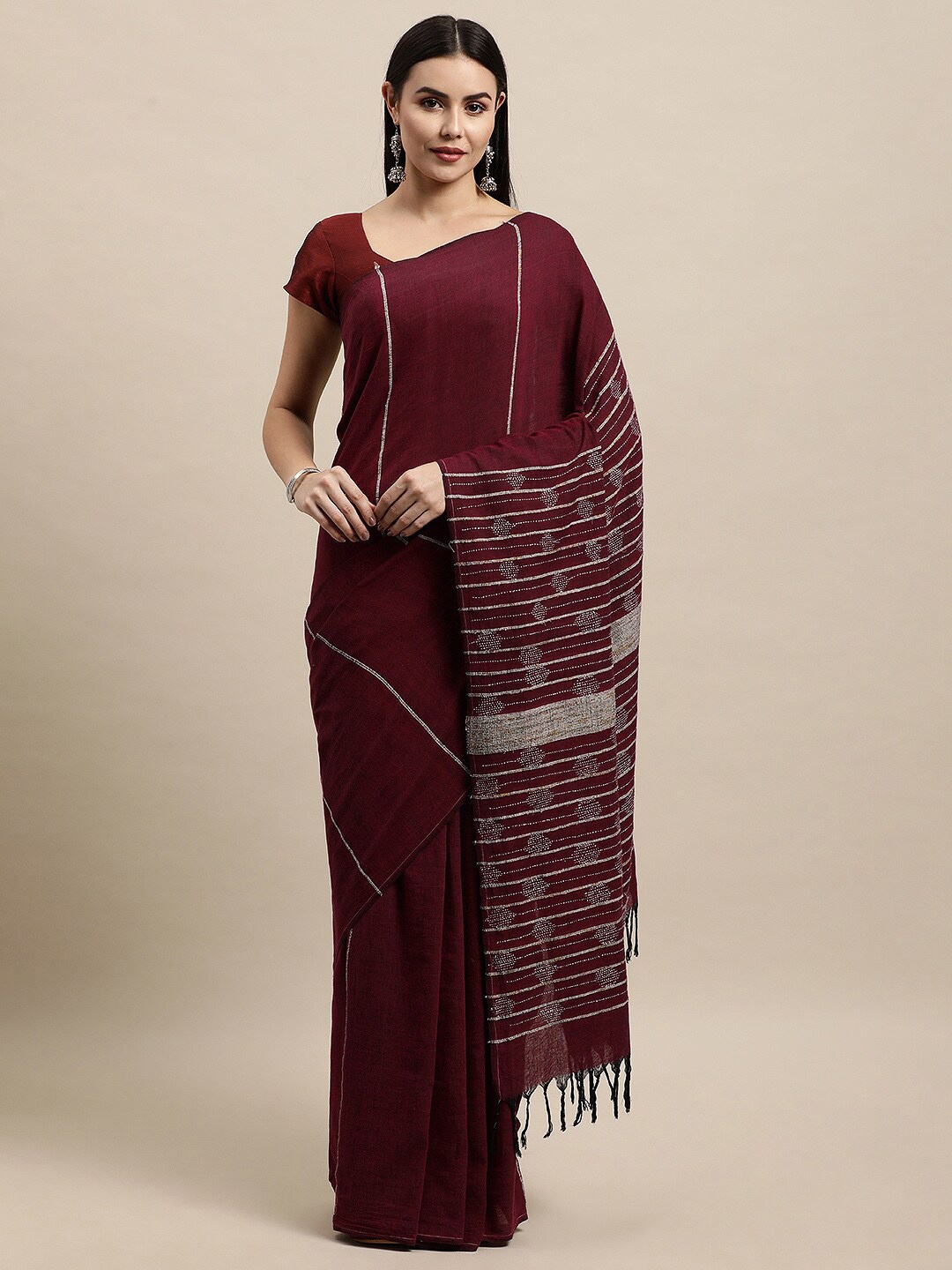

ArtEastri Kantha Embroidered Pure Cotton Khesh Saree, Maroon