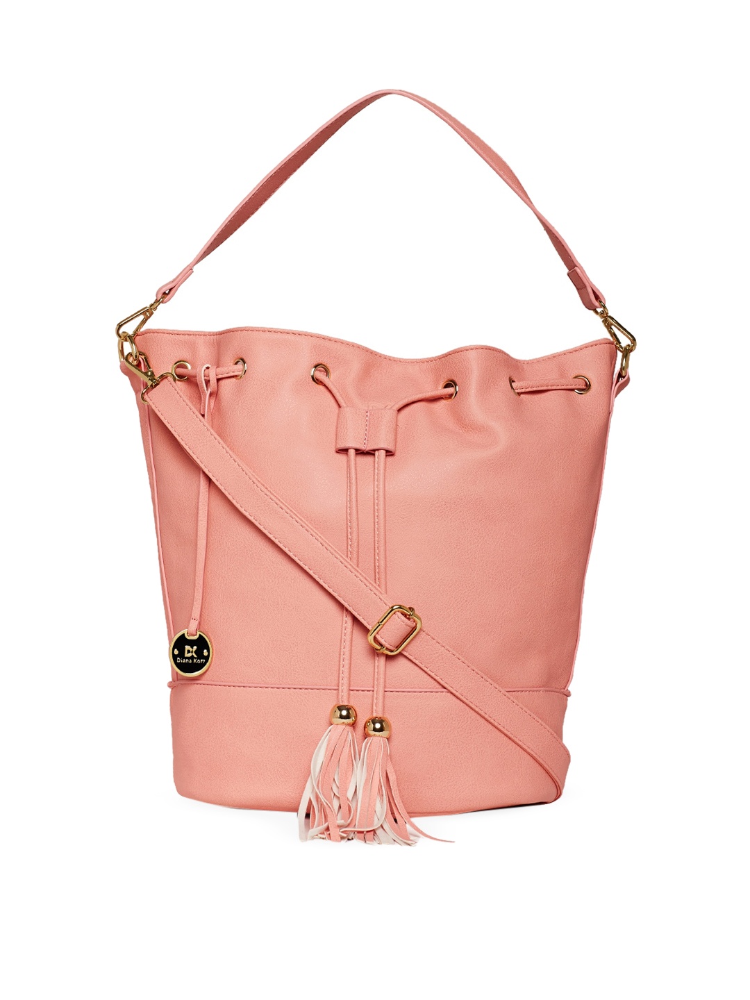 

Diana Korr Pink PU Bucket Hobo Bag with Tasselled