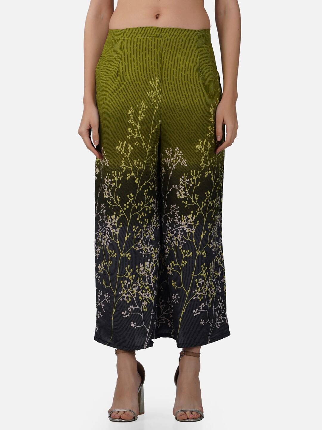 

BCZ Style Women Floral Printed Flared Crepe Palazzos, Green