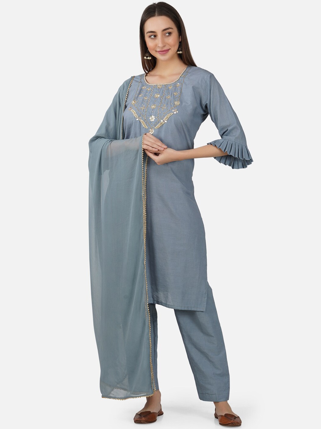 

BCZ Style Yoke Design Pure Cotton Kurta with Trousers & With Dupatta, Grey