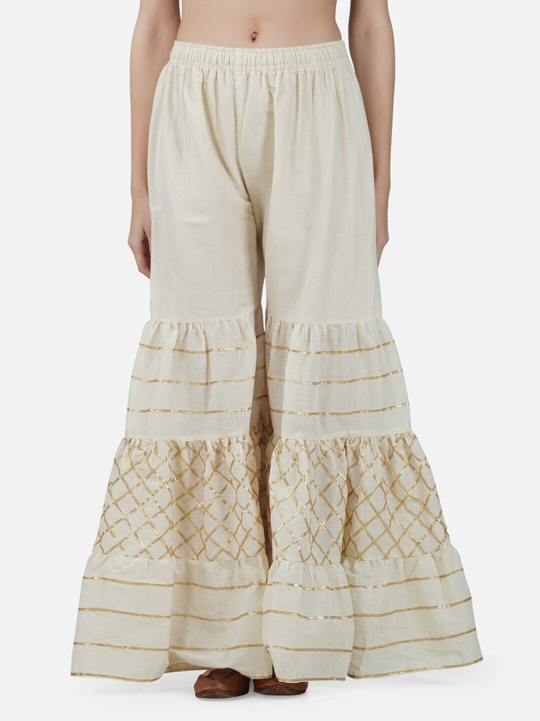 

BCZ Style Women Checked Flared Cotton Ethnic Sharara, Off white