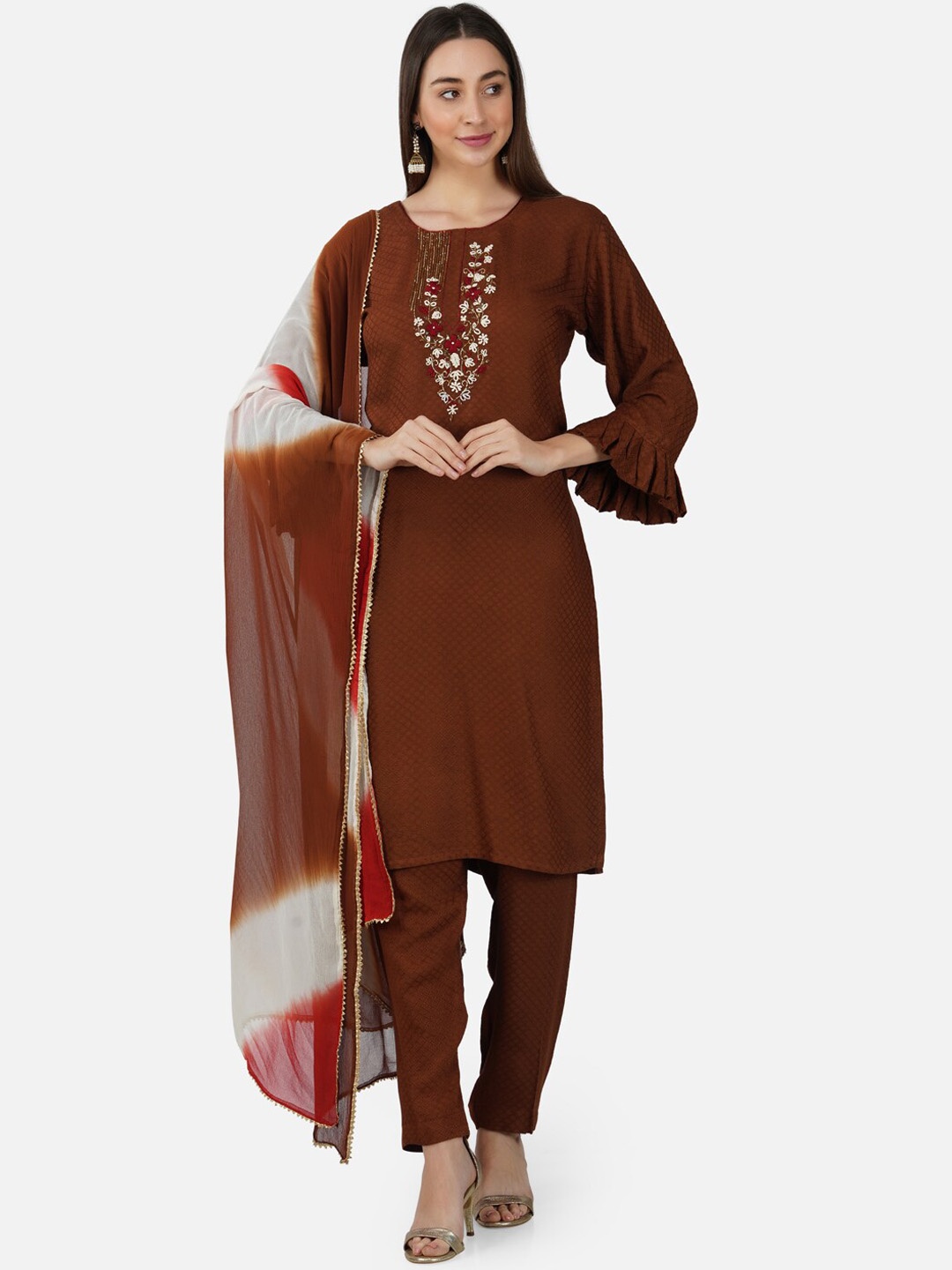 

BCZ Style Ethnic Motifs Embroidered Kurta with Trousers & With Dupatta, Brown