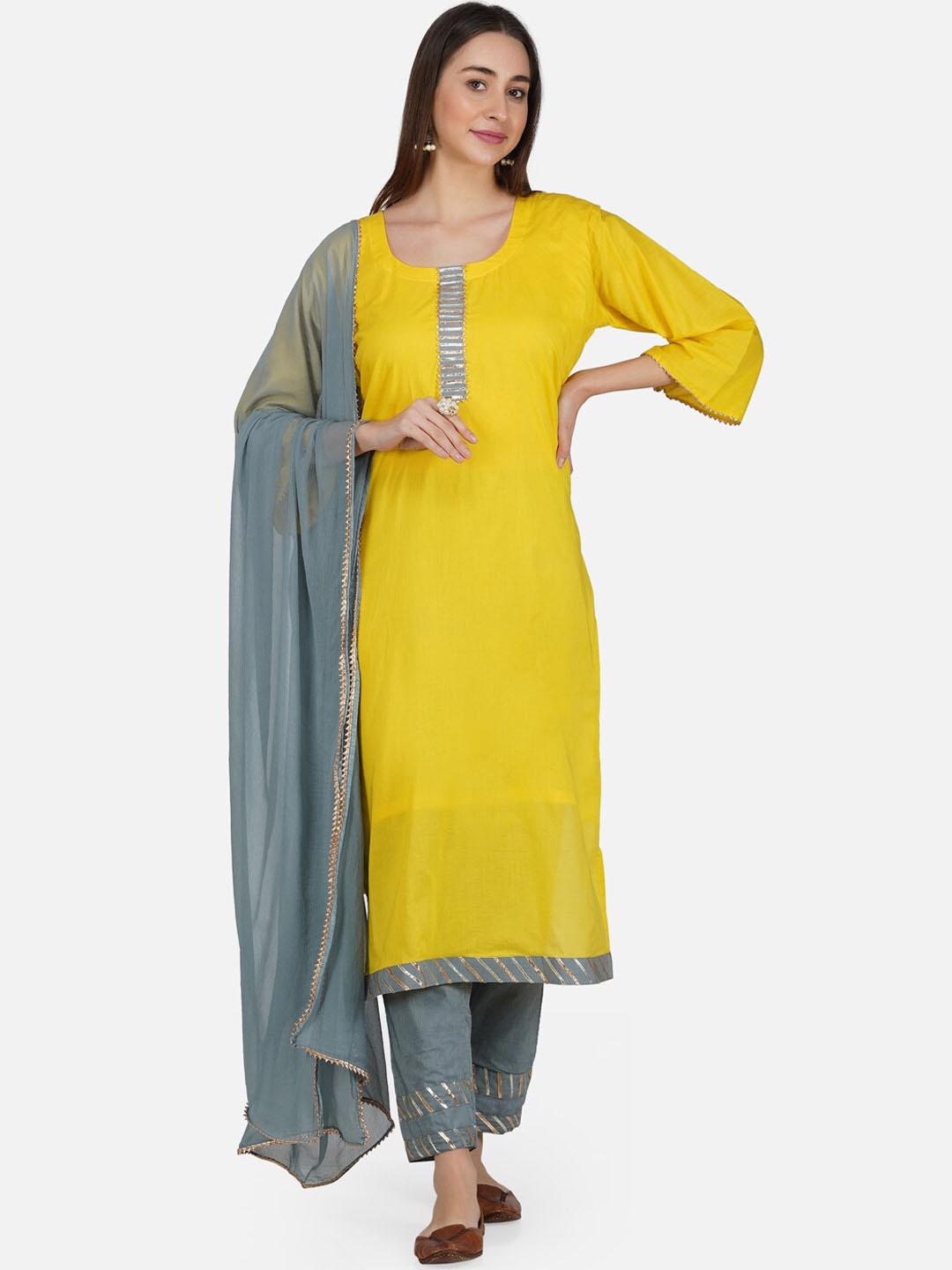 

BCZ Style Yoke Design Pure Cotton Gotta Patti Kurta With Trousers & Dupatta, Yellow