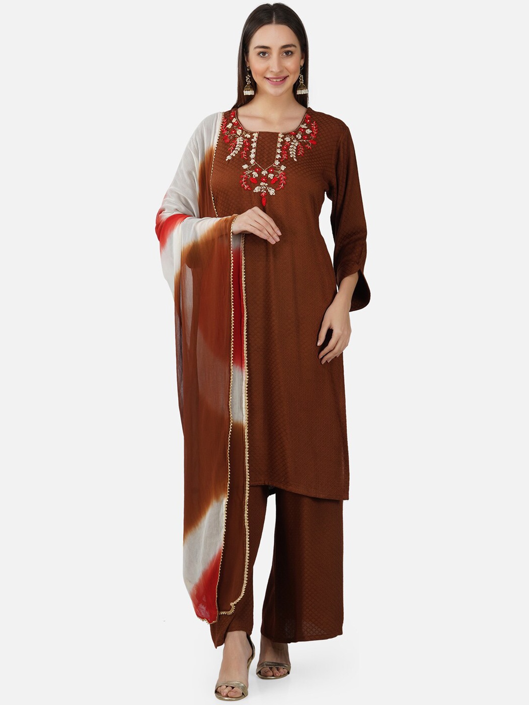 

BCZ Style Floral Embroidered Kurta with Palazzos & Dupatta, Brown