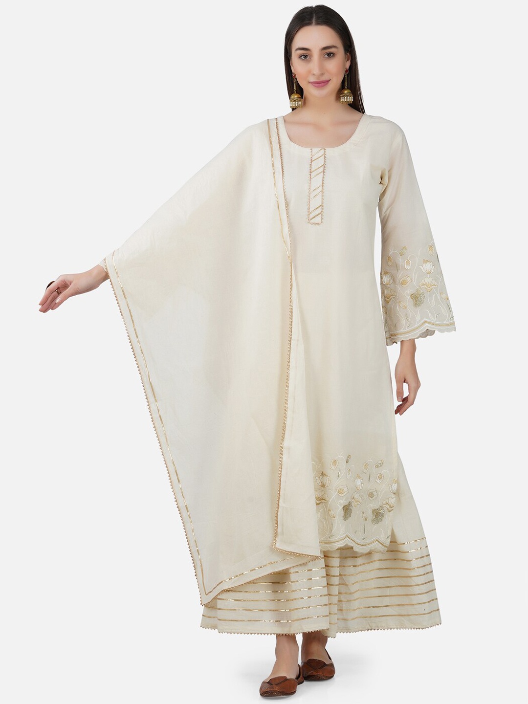 

BCZ Style Floral Embroidered Pure Cotton Kurta with Sharara & Dupatta, Beige