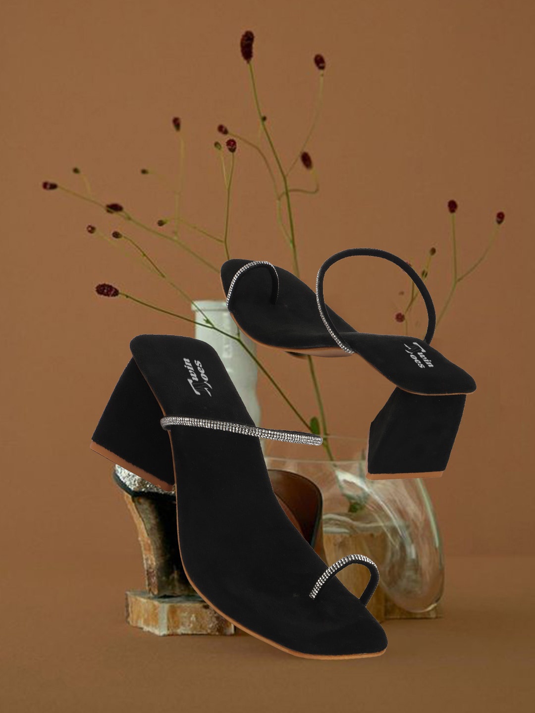

RINDAS Stone Studded Strap Party Block Heels, Black