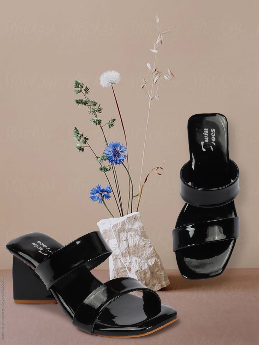 

RINDAS Solid Open Toe Block Heels, Black