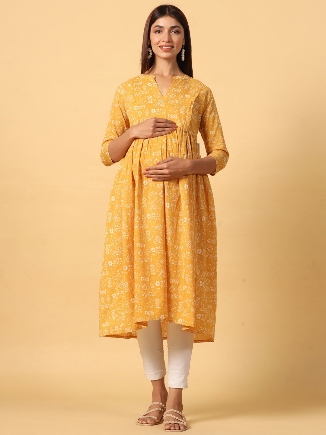 

CRAFIQA Ethnic Motifs Printed Pure Cotton Maternity A-Line Kurta, Yellow