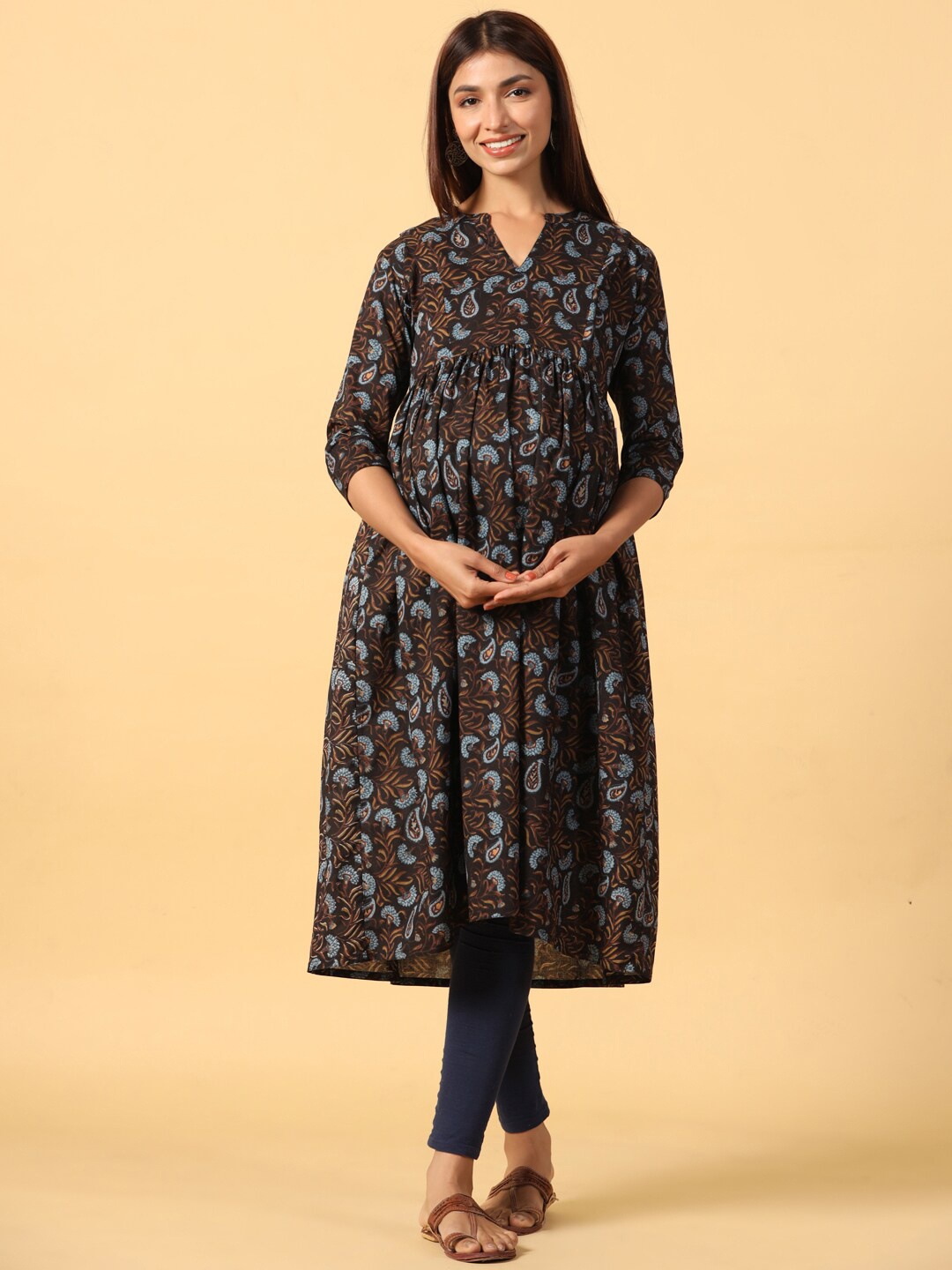 

CRAFIQA Ethnic Motifs Printed Pure Cotton Band Collar Maternity A-Line Kurta, Black